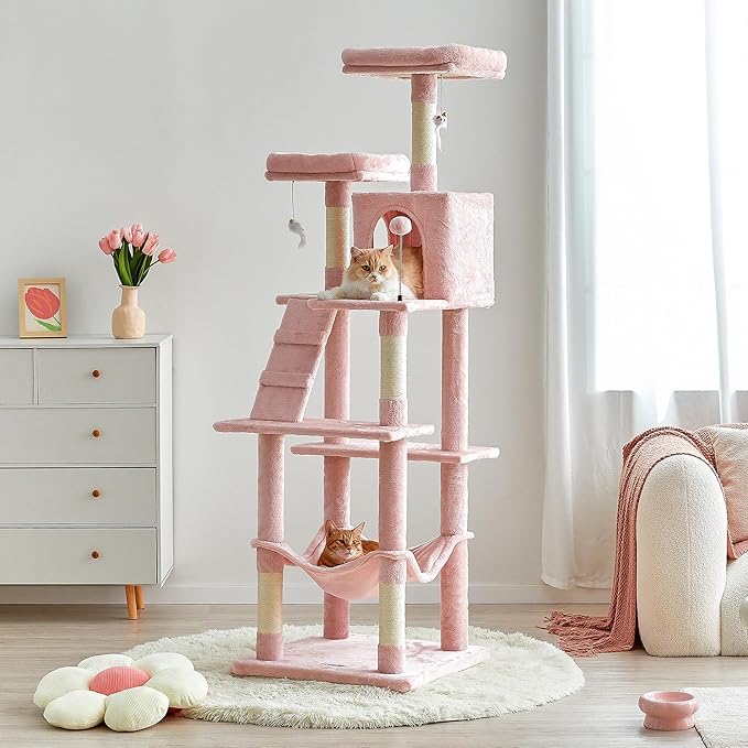 MWPO 70.1-Inch Pink Large Cat Tree, Multi-Level Tall Cat Tower for Indoor Cats, Plush Cat Condo with Big Padded Perches, Sisal-Covered Scratching Posts, Hammock, Toys for Kittens & Cats-Mewly Pet
