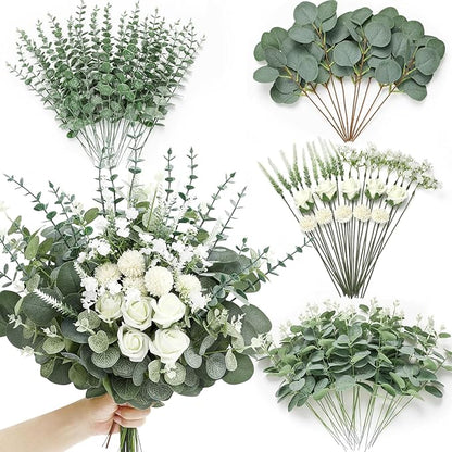 Serwalin 100 Pcs 7 Kinds Mixed Artificial Eucalyptus Leaves Stems Bulk with Flowers Faux Silver Dollar Eucalyptus Stmes Greenery Branches for Wedding Floral Arrangement Centerpieces Home Decor