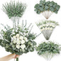 Serwalin 100 Pcs 7 Kinds Mixed Artificial Eucalyptus Leaves Stems Bulk with Flowers Faux Silver Dollar Eucalyptus Stmes Greenery Branches for Wedding Floral Arrangement Centerpieces Home Decor