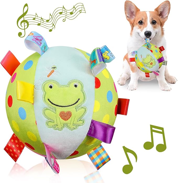 Dog Squeaky Plush Toy with Straps, 6-Inch Soft Stuffed Ball with Cotton Material and Bell Built-in, Pet Interactive Fetch Toy for Small to Large Dog-Mewly Pet