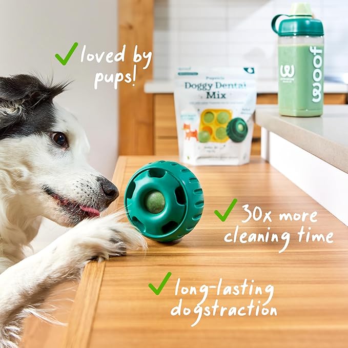 WOOF Dental Kit- Includes Pupsicle Dog Toy, Treat Tray, Shaker Bottle, Chicken Pupsicle Pops, and Dog Teeth Cleaning Powder - Supports Oral Health for Dogs - Small-Mewly Pet