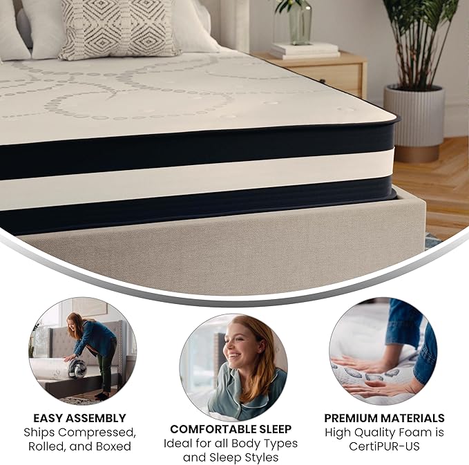 Flash Furniture Capri Comfortable Sleep 12" Hybrid Pocket Spring and Foam Mattress, Foam Pocket Spring Hybrid Mattress for Pressure Relief, Queen