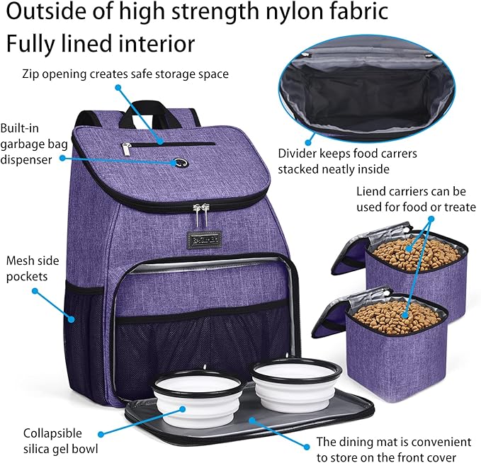 BAGLHER丨Dog Travel Bag, Airline Approved Pet Supplies Backpack, Dog Travel Backpack Accessories Set with 2 Silicone Collapsible Bowls and 2 Food Baskets. Purple-Mewly Pet