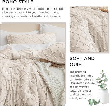 Bedsure Queen Comforter Set - Beige Comforter, Boho Tufted Shabby Chic Bedding for Kids, 3 Pieces Vintage Farmhouse Bed Set for All Seasons, Fluffy Soft Bedding with 2 Pillow Shams