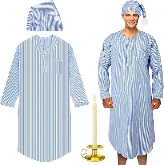 Toulite 4 Pcs Men's Pajama Set Includes Men's Nightshirt Night Sleeping Cap Candle Holder and Candle for Halloween Christmas(3x-large)