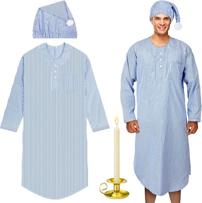 Toulite 4 Pcs Men's Pajama Set Includes Men's Nightshirt Night Sleeping Cap Candle Holder and Candle for Halloween Christmas(Medium)