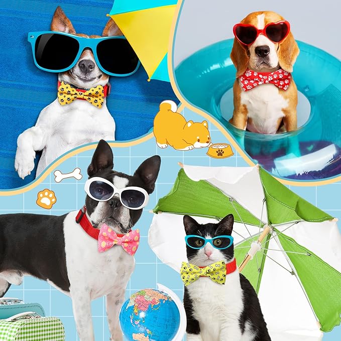 Hillban 50 Pieces Paw Print Dog Collar Bow Ties Colorful Paw Print Dog Collar Accessories Bow Ties Attachment with Elastic Bands Detachable Charms for Pets Collar Accessories Daily Costume-Mewly Pet