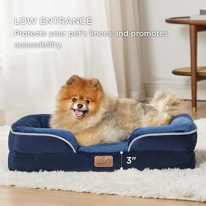 Bedsure Orthopedic Dog Beds for Small Dogs - Washable Small Dog Cat Bed Waterproof, Comfort Pet Couch Sofa with Washable Removable Cover, Pets Bed with Nonskid Bottom, Blue Navy, 24"-Mewly Pet