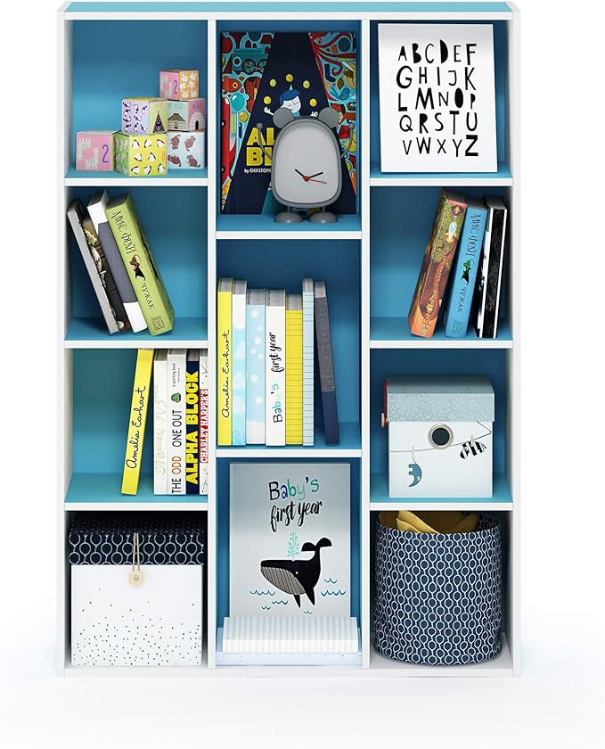 Furinno LUDER Book Shelf, 11-Cube Bookshelf, Reversible Bookcase, 9.4" x 29.1" x 41.7", for Living Room, Bedroom, Home Office, White/Light Blue