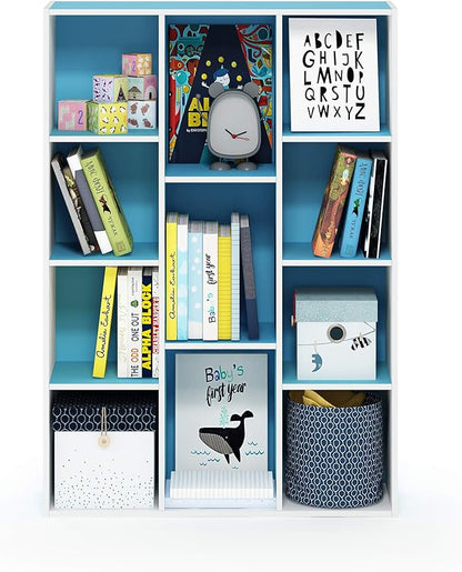 Furinno LUDER Book Shelf, 11-Cube Bookshelf, Reversible Bookcase, 9.4" x 29.1" x 41.7", for Living Room, Bedroom, Home Office, White/Light Blue