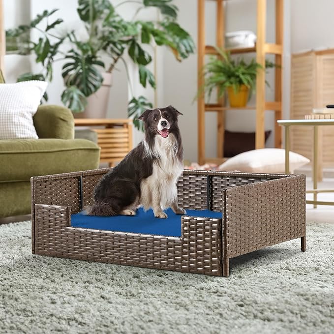 YITAHOME Rattan Dog Sofa Bed with Cushion,Wicker Pet Bed Sofa Couch Indoor Outdoor Water Resistant for Large Medium Small Dogs Cats (34.6''L*23.6''W*11.8'',Blue)-Mewly Pet