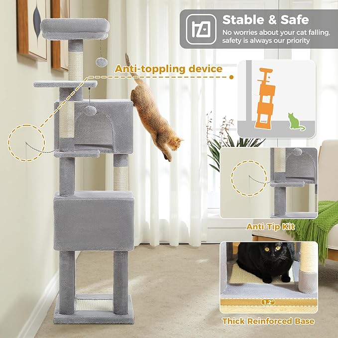 Cat Tree for Indoor Cats, 62-Inch Multi-Level Cat Tower with Scratching Posts for Large Cats, 2 Bigger Plush Condos, Padded Platform, Soft Cat Bed and Scratching Pad, 2 Pompoms, Gray-Mewly Pet