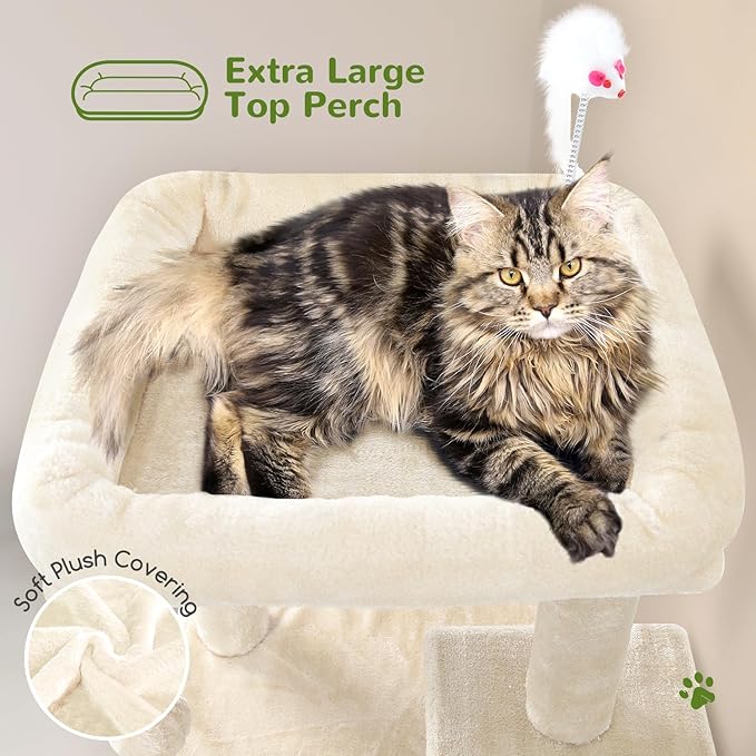 Globlazer Cat Tree Tower for Indoor Cats, 50-inch Adult Cat Tree House for Large Adult Cats with Steps, Scratching Post, 2 Cat Caves, Dangling Toys, FC50, Beige-Mewly Pet