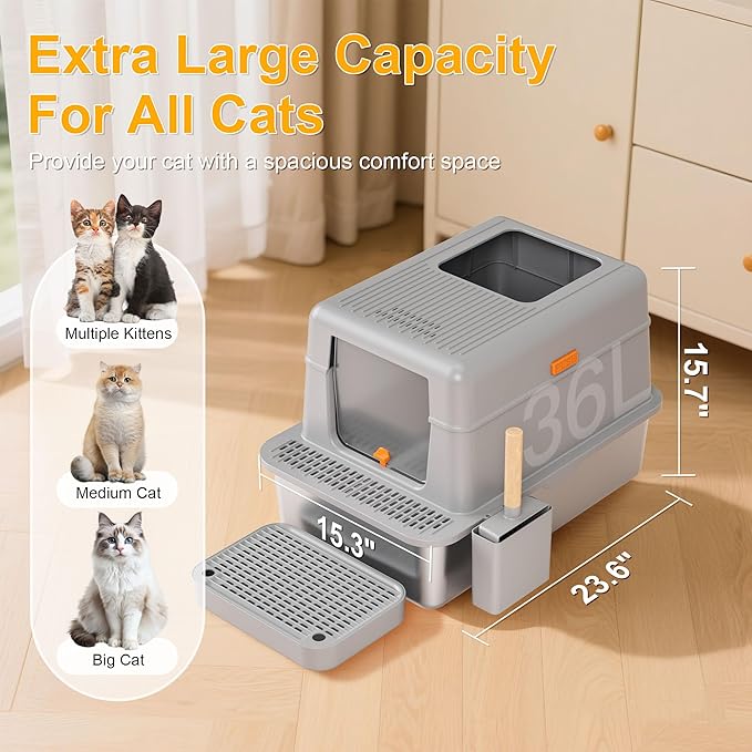 Stainless Steel Litter Box with Lid, 20L Metal Enclosed Litter Box for Big Cat, Flip-Top Design with Anti-Leakage High Sides, Large Cat Lovers Gifts (#1 Gray)-Mewly Pet