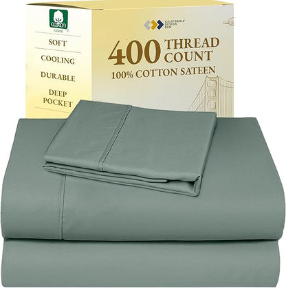 California Design Den Twin Sheets Set - Soft 400 Thread Count Sateen, Natural 100% Cotton Sheets with Deep Pockets, Cooling and Durable Bedding Set - Sage Green