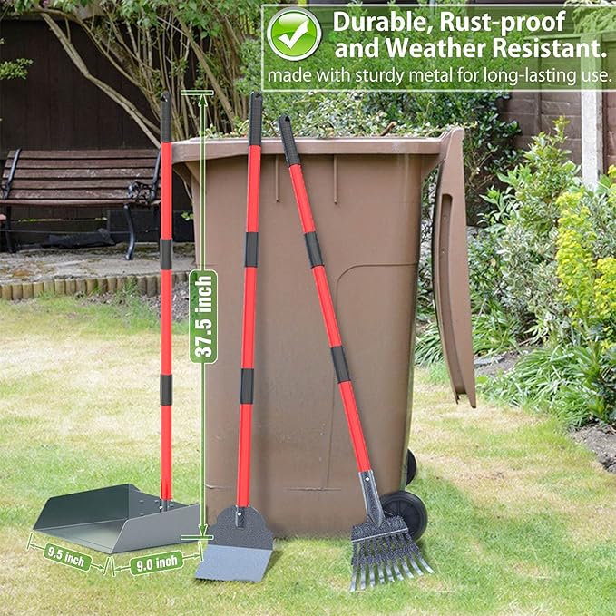 Larger Heavy Duty Pooper Scooper for Dogs-Rake, Spade,Tray Set with Long Handle,No Bend Down Easy Cleanup,Great for Yard Grass Gravel Dirt,Use for Large Small and Multi Dogs-Mewly Pet