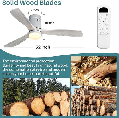Sofucor Ceiling Fan with Lights 52 Inch Flush Mount Ceiling Fan with Remote Control, 3 Solid Wood Blades Modern Outdoor Ceiling Fans for Bedroom/Farmhouse/Patio/Indoor, Quiet DC Motor, Silver & Grey