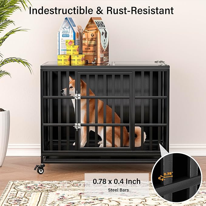 38 inch Heavy Duty Dog Crate with Self-Locking Latch, Indestructible Steel Large Kennel with Enclosed Design, Chew-Proof and Escape-Proof Pet Cage for High Anxiety Dogs-Mewly Pet