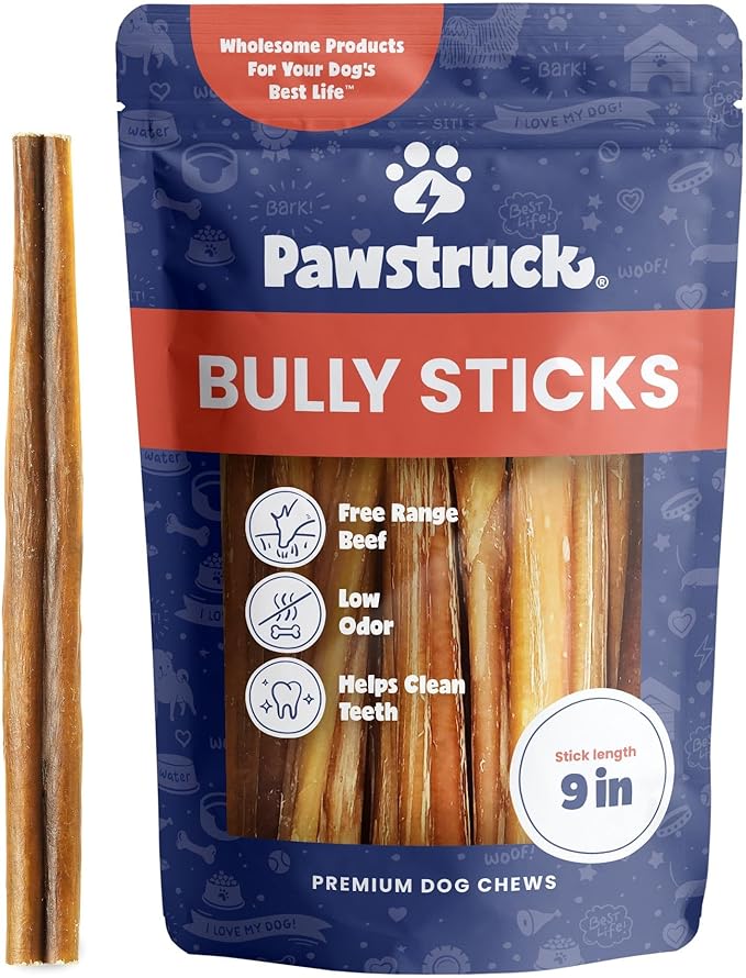 Pawstruck All-Natural 9" Bully Sticks for Dogs - Long Lasting, Rawhide-Free, Low Odor & Grain-Free Dental Chew Treat - Healthy Single Ingredient, 100% Real Beef - 1 lb Bag-Mewly Pet