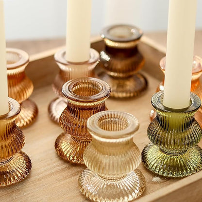 WDHODEC Glass Candlestick Holders 12PCS Taper Candle Holders for Table Centerpiece Vintage Colorful Candle Sticks for Wedding, Party and Birthday Table Decoration(Brown)