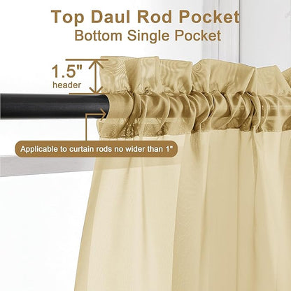 Chyhomenyc Gold Sheer Curtains 63 Inch Length 2 Panels, Rod Pocket Solid Window Sheer Curtain Panels, Elegant Curtains & Drapes for Living Room Bedroom 2 Panels (Gold, 42 W x 63 L)
