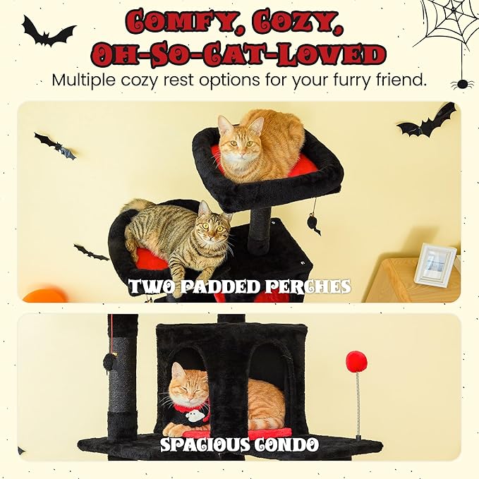 MWPO Gothic Large Cat Tree, 70.1-Inch Multi-Level Tall Cat Tower for Indoor Cats, Plush Cat Condo with Big Padded Perches, Sisal-Covered Scratching Posts, Hammock, Toys for Kittens & Cats, Black-Mewly Pet