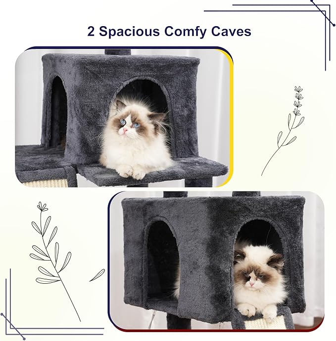 Cat Tree for Indoor Cats, 71'' (180cm) Multi-Level Cat Tower for Large Adult, Sturdy Cat Tree House with 2 Scratching Boards 7 Posts, 2 Plush Perches/Condos, Hammock, Smoky Gray GCT032G-Mewly Pet