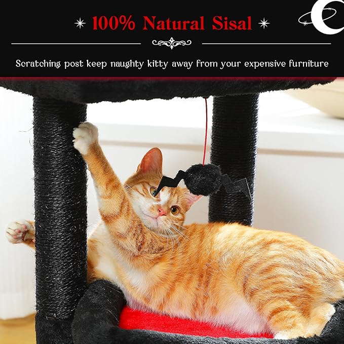 PEQULTI Cat Tree Gothic Cat Tower for Indoor Cats with Private Cozy Cat Condo, Natural Sisal Scratching Posts and Plush Pom-pom for Small Cats Black-Mewly Pet