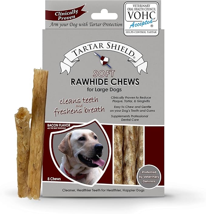 Tartar Shield Soft Rawhide Chews | Safe Dental Treats for Large Dogs | Vet VOHC Approved | Daily Bone Cleans Teeth & Gums Fresh Breath Oral Health Support | USA Made | (Large Dogs / 8 Count)-Mewly Pet