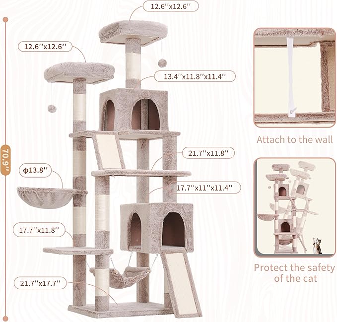 Cat Tree for Indoor Cats, 71'' (180cm) Multi-Level Cat Tower for Large Adult, Sturdy Cat Tree House with 2 Scratching Boards 7 Posts, 2 Plush Perches/Condos, Hammock, Muchroom GCT032MU-Mewly Pet