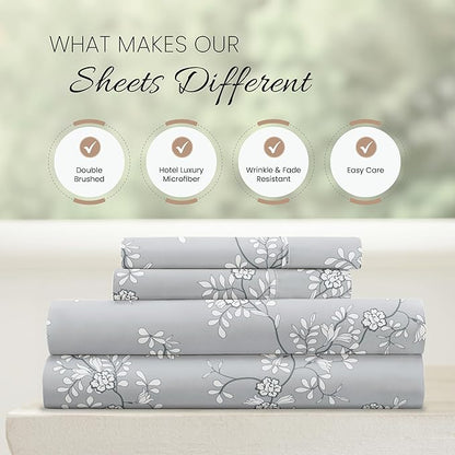 Linen Market 4 Piece King Sheet Set - Breathable, Double-Brushed Patterned Cooling Sheets – Oeko-TEX Certified Ultra Soft & Wrinkle-Free 16" Deep-Pocket King Sheets - Easy Care Trellis Vine Gray