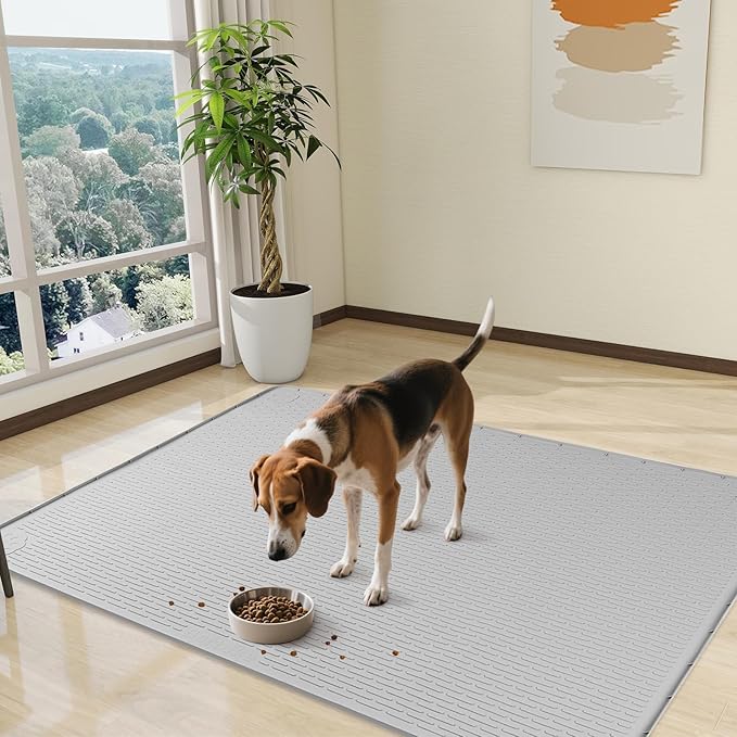 Dog Food Mat, Extra Large 50" x 35" Silicone Pet Feeding Mat with Raised Edge Pet Placemat for Small, Medium, and Large Pets Non-Slip, Easy to Clean (Grey)-Mewly Pet