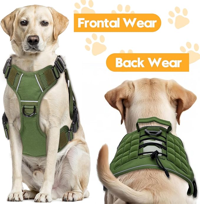 Heavy-Duty Tactical Dog Harness for Large Dogs, No Pull Adjustable Reflective Pet Vest with Molle System, K9 Military-Grade Control for Service Training, Outdoor & 10+ Breeds, Green, XX-Large-Mewly Pet
