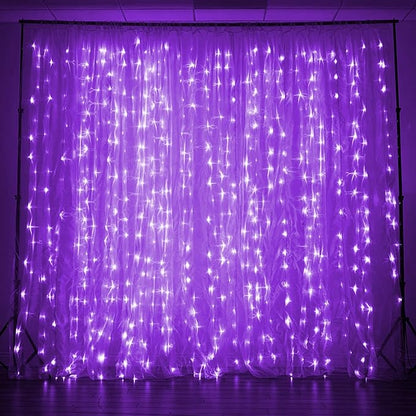 Dazzle Bright Curtain String Lights, 300 LED 9.8ft x 9.8ft 8 Lighting Modes Fairy Lights USB Powered, Waterproof Lights for Halloween Christmas Party Wedding Outdoor Indoor Wall Decorations (Purple)
