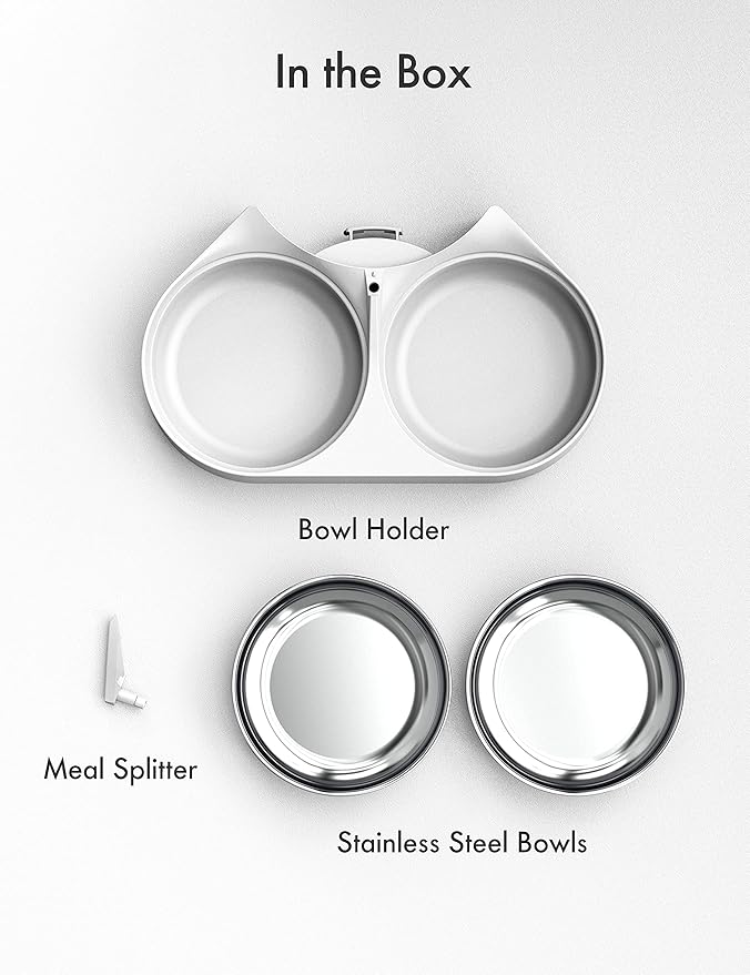 PETLIBRO Pet Food Splitter with Stainless Steel Bowls, Automatic Cat Feeder Bowls for Two Cats or Dogs, Suitable for PETLIBRO Automatic Cat Feeder PLAF005, PLAF006, PLAF103, PLAF203, White-Mewly Pet