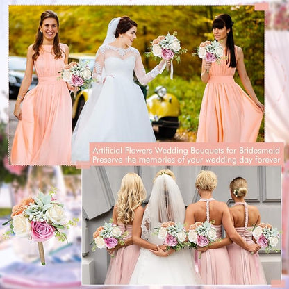 Bridesmaid Bouquets Set of 4 - Blush & Pink Artificial Flowers Bouquet for Bridesmaids Wedding Small Floral Centerpieces for Marriage Proposal Party Anniversary Dining Table Decor -7 Inch
