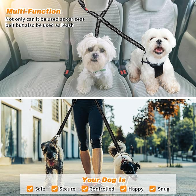 BWOGUE Double Dog Cat Seat Belts, Car Headrest Restraint Adjustable Travel Leash,Safety Elastic Leads Splitter Connect Vehicle Seatbelt Harness for 2 Dogs-Mewly Pet