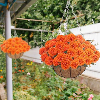 Fall Mums Artificial Flowers Hanging Basket for Outdoor Fall Porch Decor Fake Marigolds 6 Bundle Faux Silk Orange Flower Bouquet Chrysanthemum UV Resistant Realistic Plant for Autumn Table Home Decor