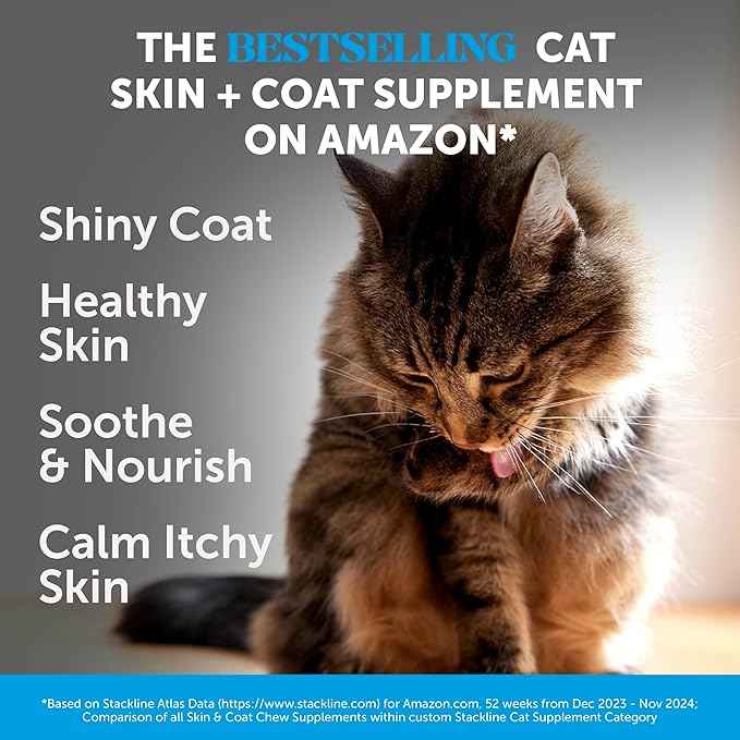 Cat Skin & Coat Health Crunchy & Creamy Chews - Omegas, Vitamin C + E, Biotin Supplement, Soothes Skin and Promotes Shiny Coat, Cat Supplements & Vitamins - Chicken (30-Day Supply)-Mewly Pet