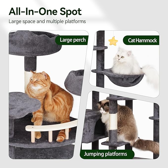 85in Giant Cat Tree for Heavy Duty Big Cats, Large Cat Trees with Scratching Post, Cat Tree Tower with Cat Condos, Hammock & Plush Perch for Maine Coon, Smoky Gray-Mewly Pet