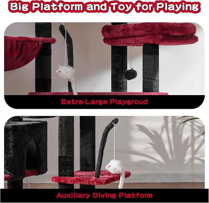 Gothic Cat Tree, Cat Tower for Large Cats with 2 Big Platforms, 2 Baskets, condo and Toys, 63" Cat Scratching Posts for Indoor Cats, Black and red GCT020BR-Mewly Pet