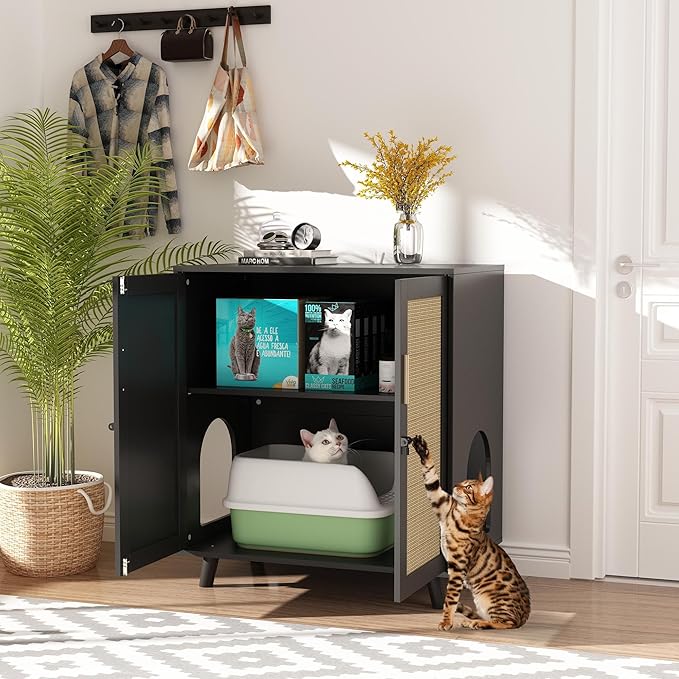Lovinouse Large Cat Litter Box Enclosure,Hidden Kitty Litter Furniture with Sisal Covered Doors,2-Layer Wooden Cat Washroom Cabinet w/Adjustable Shelf, Side Table for Living Room,Black-Mewly Pet