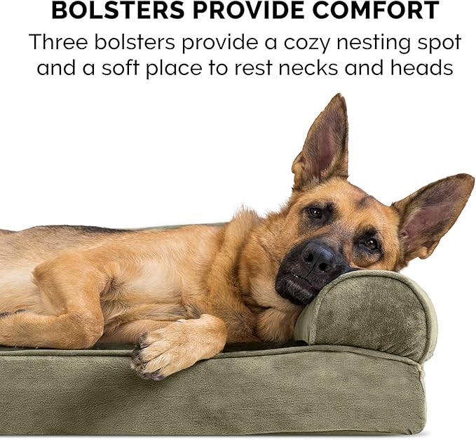 Furhaven Cooling Gel Dog Bed for Medium/Small Dogs w/ Removable Bolsters & Washable Cover, For Dogs Up to 35 lbs - Faux Fur & Velvet Sofa - Dark Sage, Medium-Mewly Pet