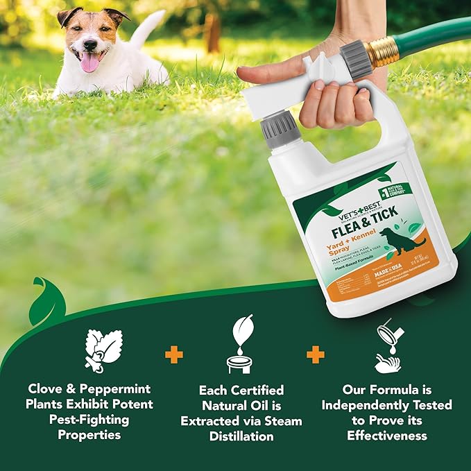 Vet's Best Flea and Tick Yard & Kennel Spray, Dog Flea Spray that Kills Fleas, Mosquitoes, & Ticks, Plant-Based Ingredients, Plant Safe Ready-to-Use Hose Attachment, 32 fl oz-Mewly Pet