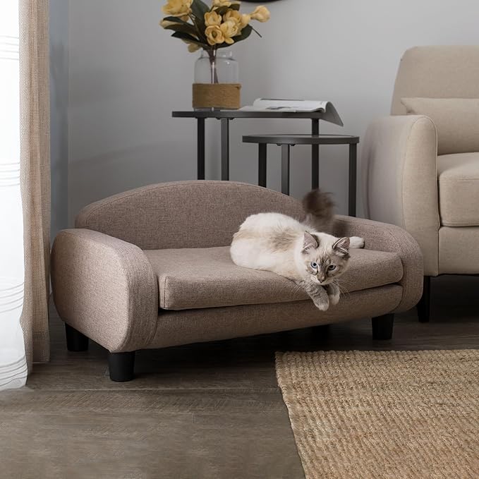 Paws & Purrs Cat Sofa Bed, Pet Couch for Indoor Cats Elevated Cat Beds with Removable Washable Mattress Cover for Kitten, Puppy or Small Animal- 31.5" Wide, Sand-Mewly Pet