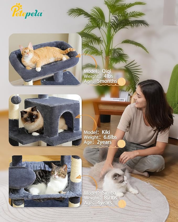 PETEPELA 45.7" Cat Tree for Indoor Cats, 5-Level Cat Tower for Large Cats with Metal Frame Large Hammock (17.3"x15.3"), Cat Condo with (18.5"x13") Big Top Perch & 4 Sisal Covered Scratching Post Dark-Mewly Pet