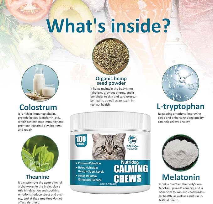 Cat Calming Treats - 100 Count Salmon Chews with Organic Chamomile & Ginger, Stress Relief Supplement for Separation Anxiety, Vet Visits & Thunderstorms (Salmon)-Mewly Pet