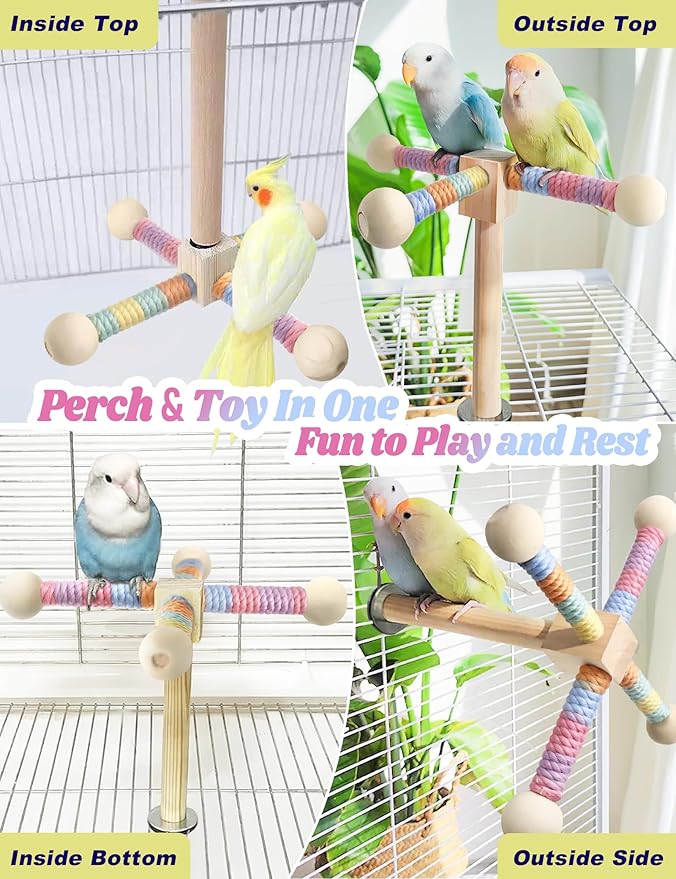 Bird Stand Perch Toy for Small & Medium Birds, 360° Rotating Natural Wooden Parrot Perchs for Bird Cages, Interactive Spinning Toy fo Parrot Parakeets Cockatiels Lovebirds Conures Finches Budgies-Mewly Pet