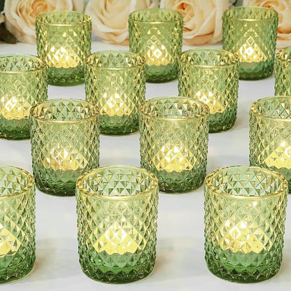 24 Pcs Votive Candle Holders for Wedding, Olive Green Glass Tea Lights Candle Holders for Party Table Decor, Candle Holders Bulk Baby Shower, Vintage Green Depression for Table Centerpiece