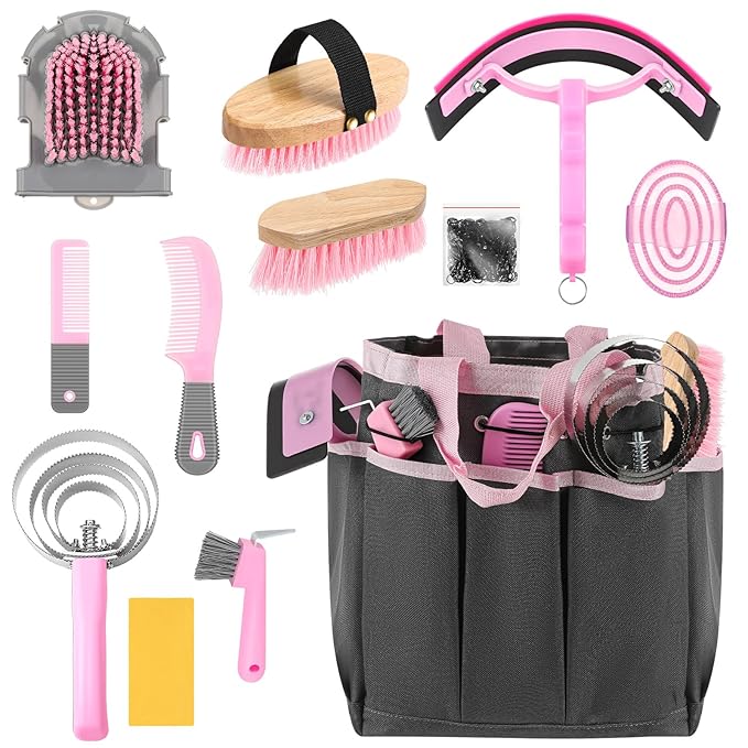 Abbylike 12 Pieces Horse Grooming Kit with Organizer Tote Bag Tack Room Supplies Horse Brush Sets Equine Care Cleaning Kit Shedding Grooming Massaging Tools(Pink and Grey)-Mewly Pet